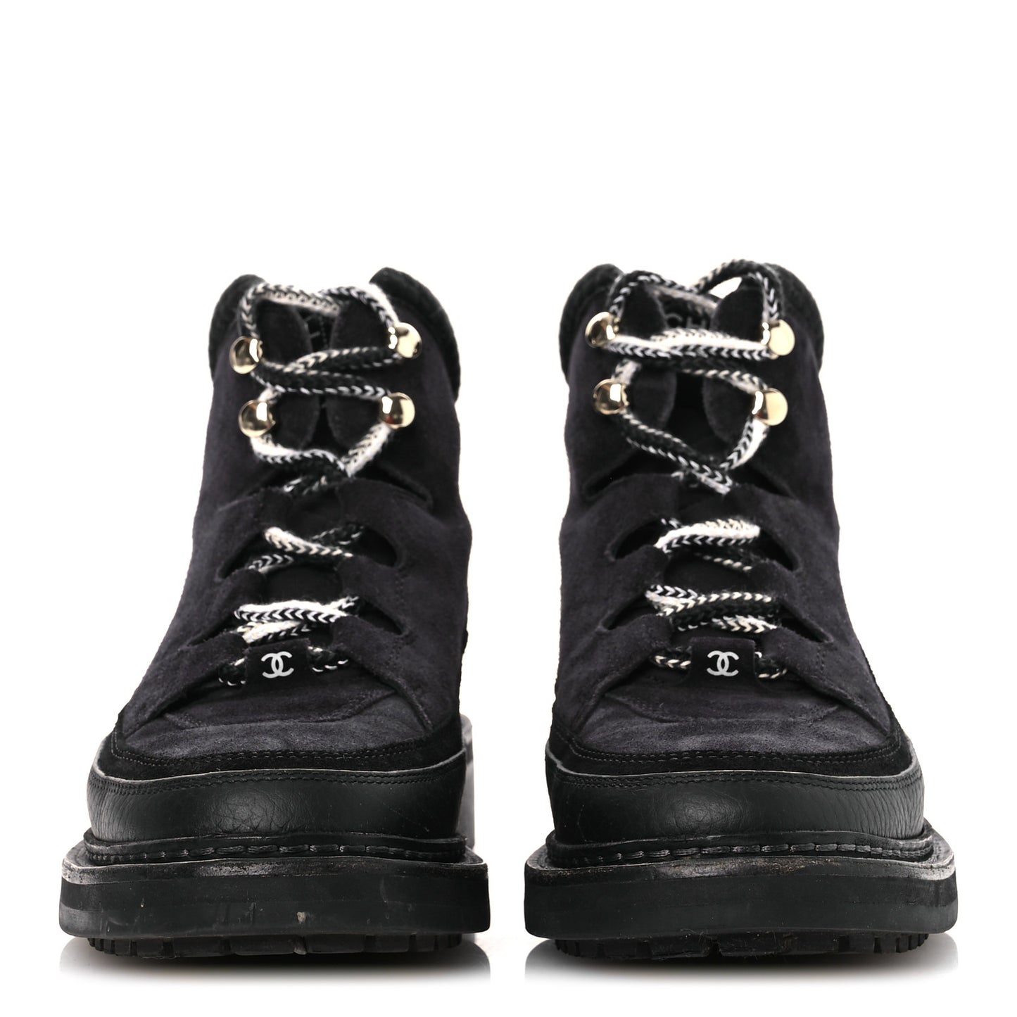 Suede Grained Calfskin CC Lace Up Boots 38 Black