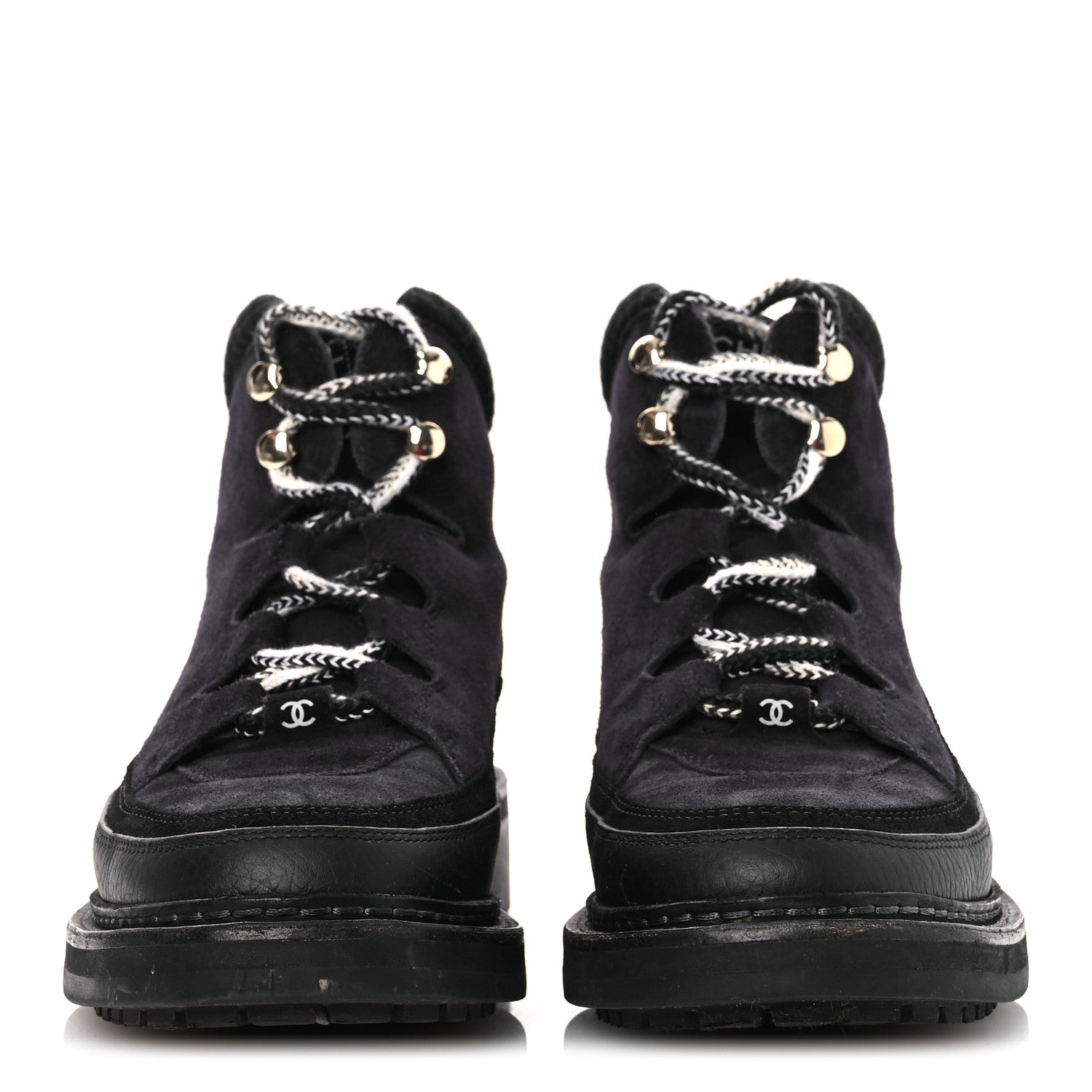 Chanel Suede Grained Calfskin CC Lace Up Boots 38 Black 3 of 13
