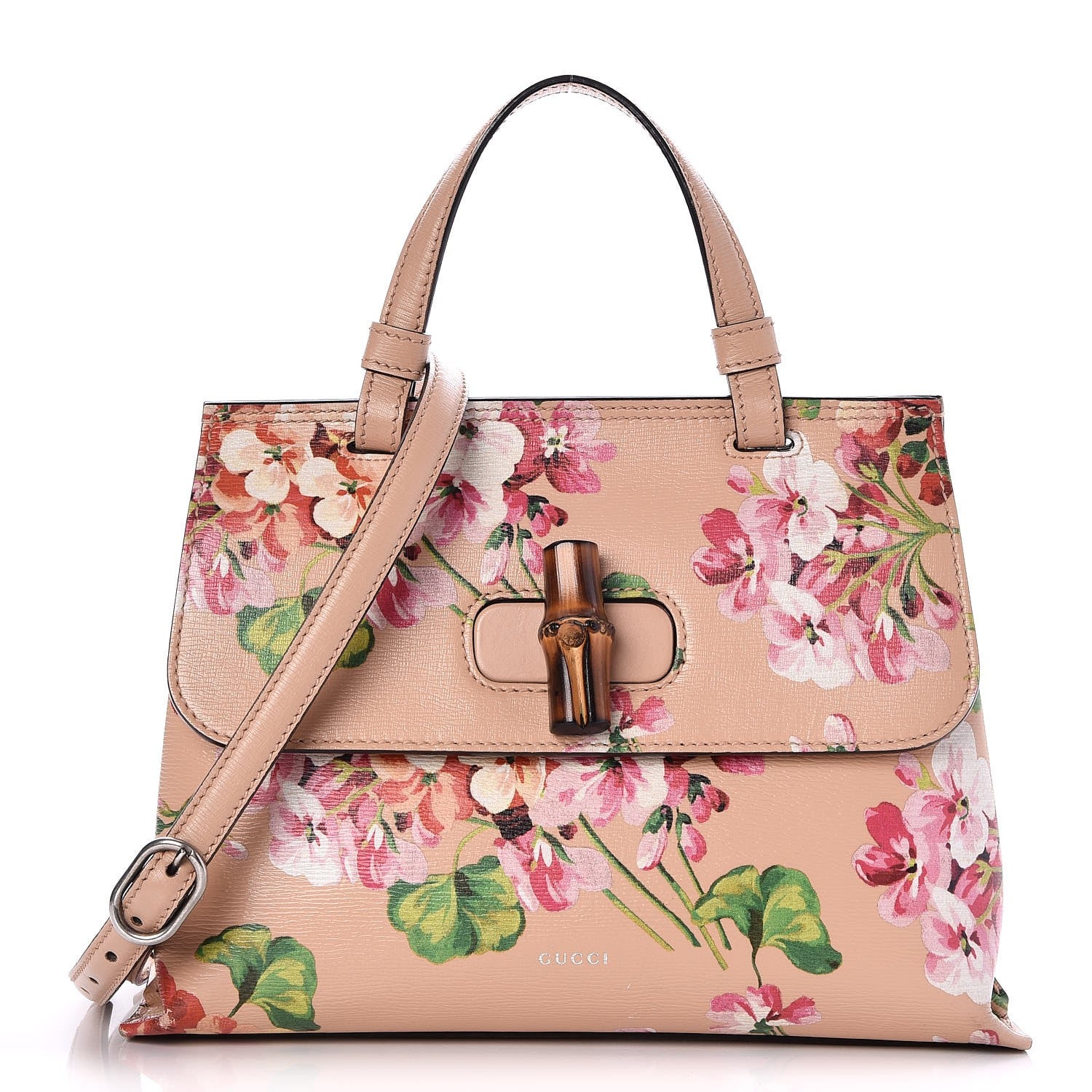 Gucci Shangai Calfskin Blooms Print Small Bamboo Daily Top Handle Bag Pink Apricot Multicolor 1 of 9