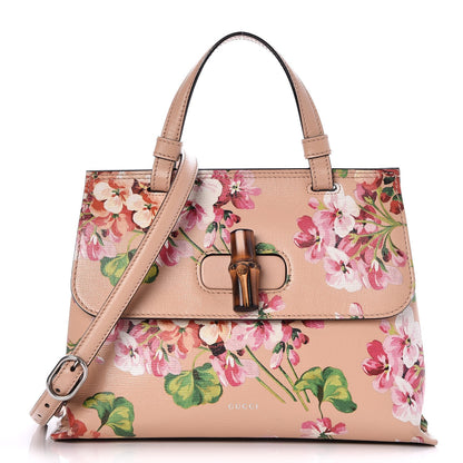 Gucci Shangai Calfskin Blooms Print Small Bamboo Daily Top Handle Bag Pink Apricot Multicolor 1 of 9