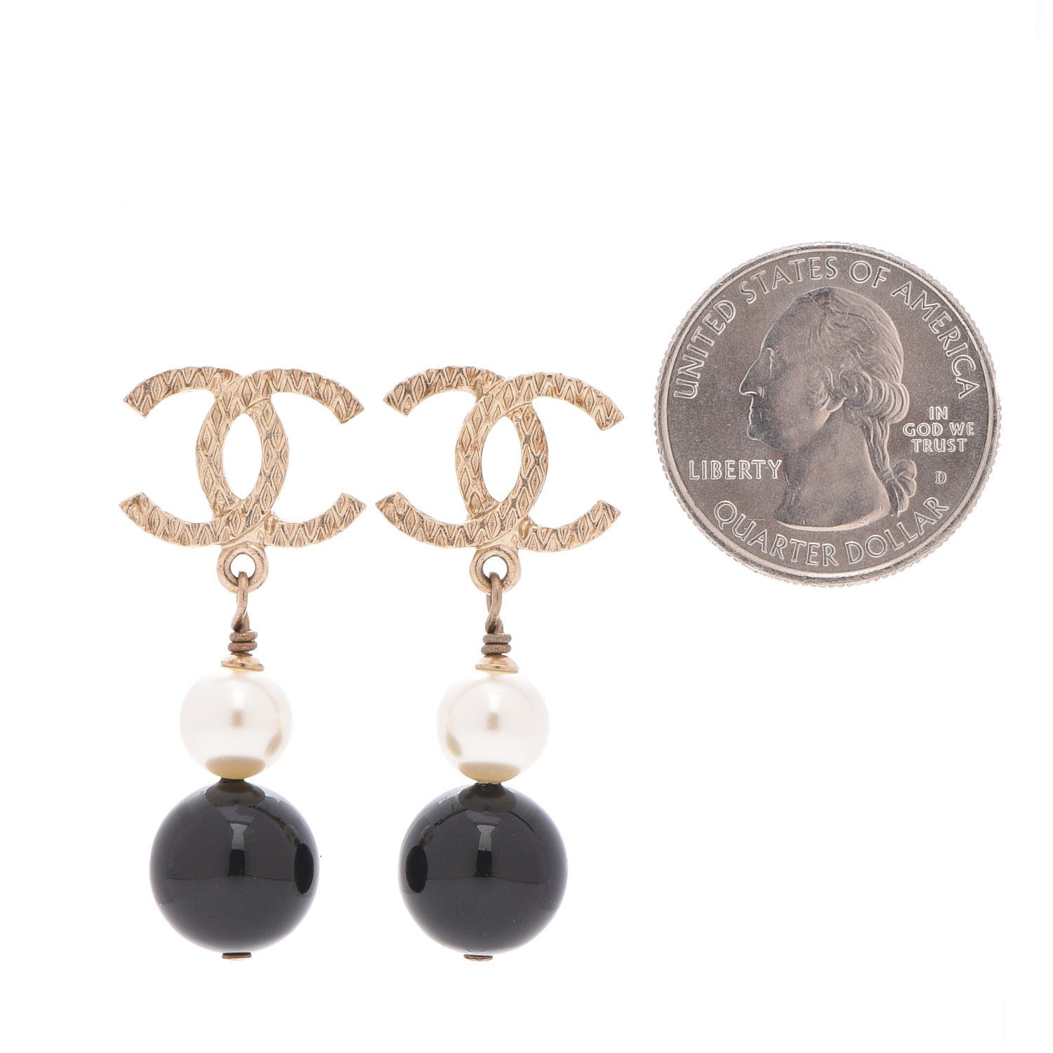 Chanel Pearl Bead CC Drop Earrings Black Gold 2 of 5