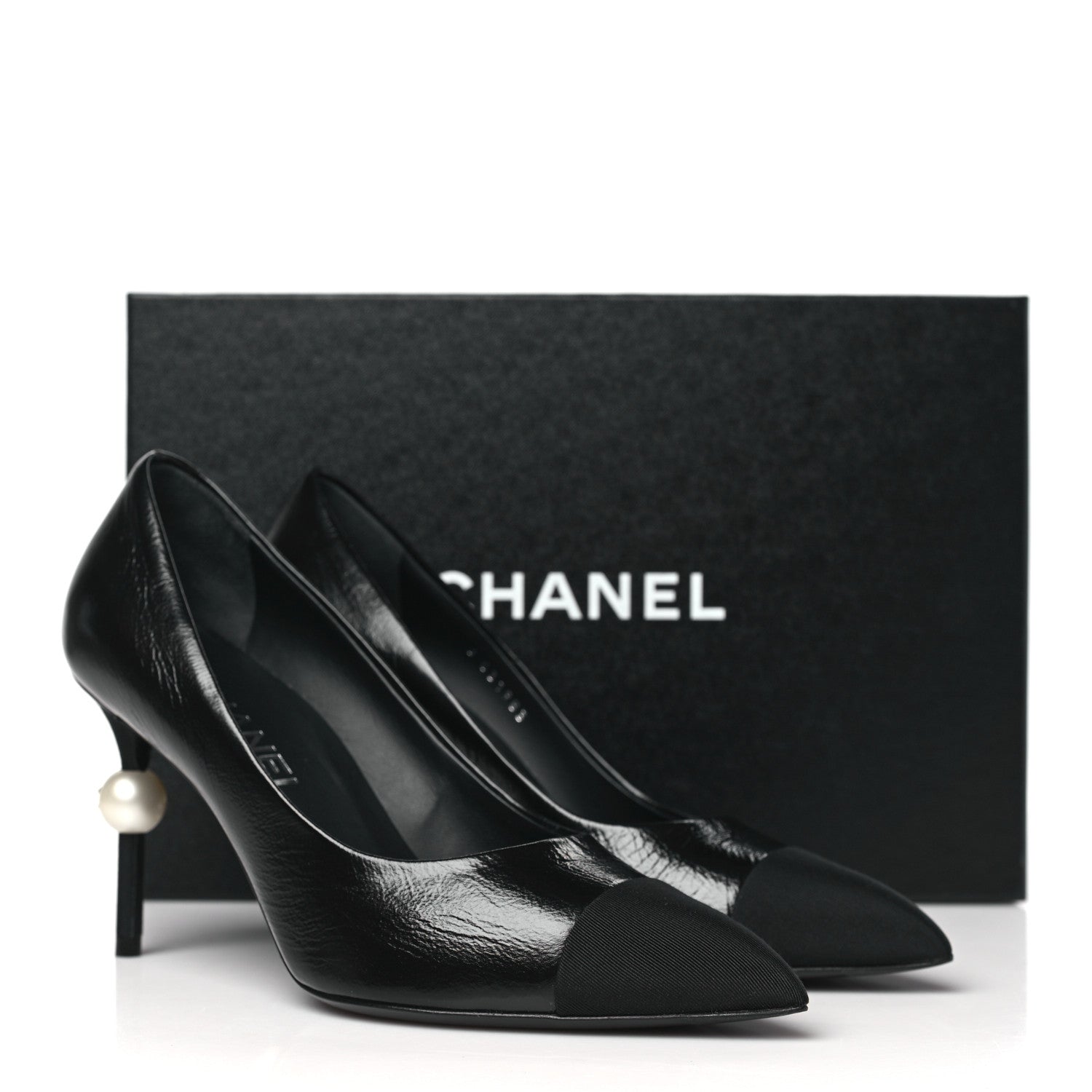 Chanel Shiny Calfskin Grosgrain Cap Toe CC Pearl Pumps 37.5 Black 10 of 10