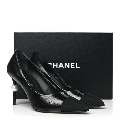 Chanel Shiny Calfskin Grosgrain Cap Toe CC Pearl Pumps 37.5 Black 10 of 10