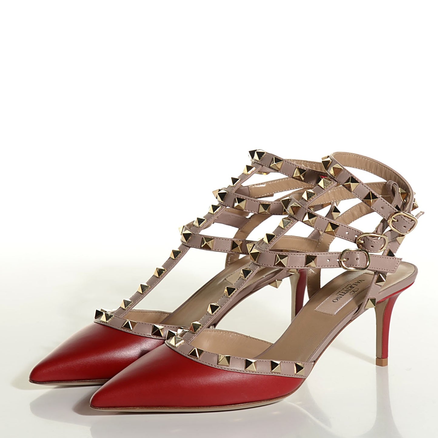 Nappa Rockstud Ankle Strap Low Heel Pumps 38 Scarlet Poudre