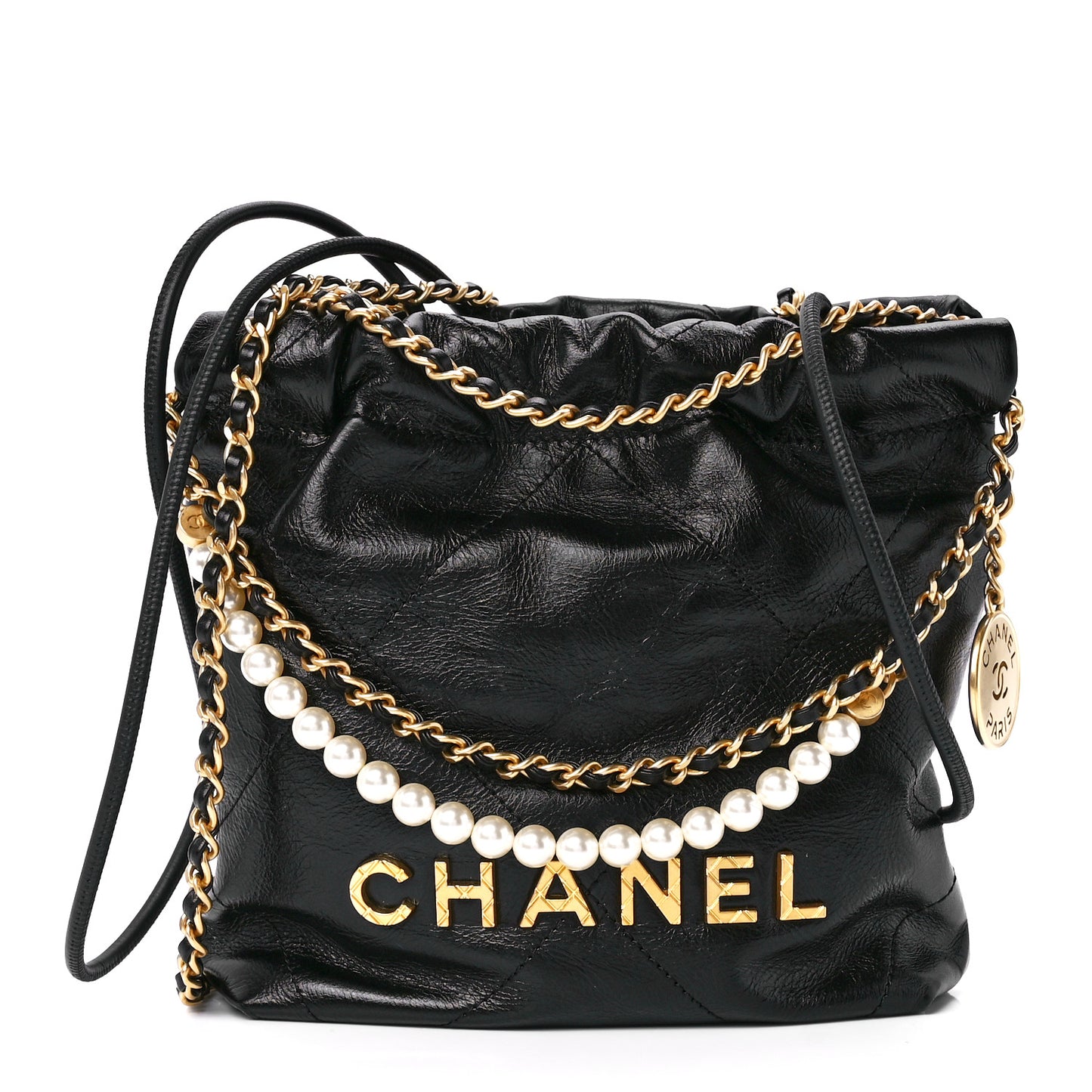 Shiny Crumpled Calfskin Quilted Pearl Mini Chanel 22 Black