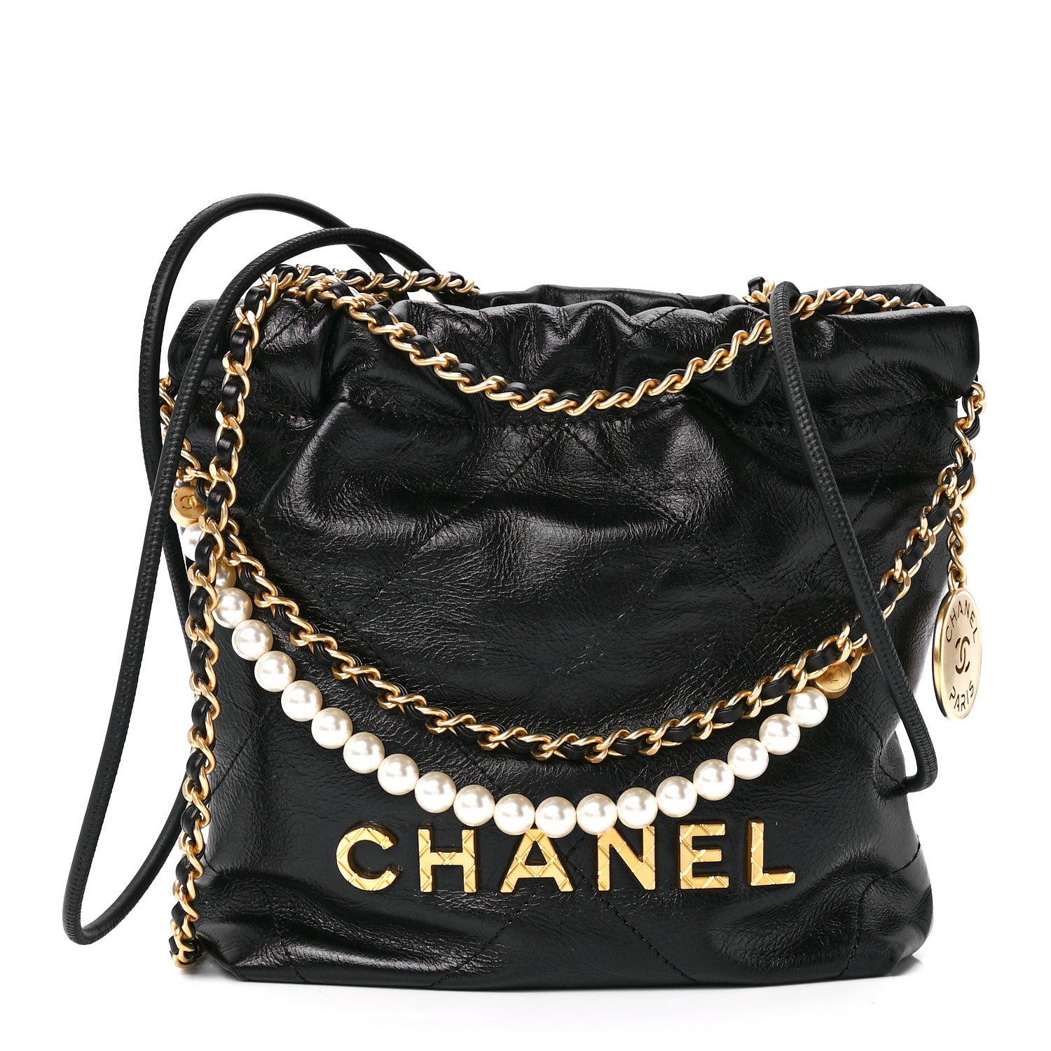 Chanel Shiny Crumpled Calfskin Quilted Pearl Mini Chanel 22 Black 1 of 12
