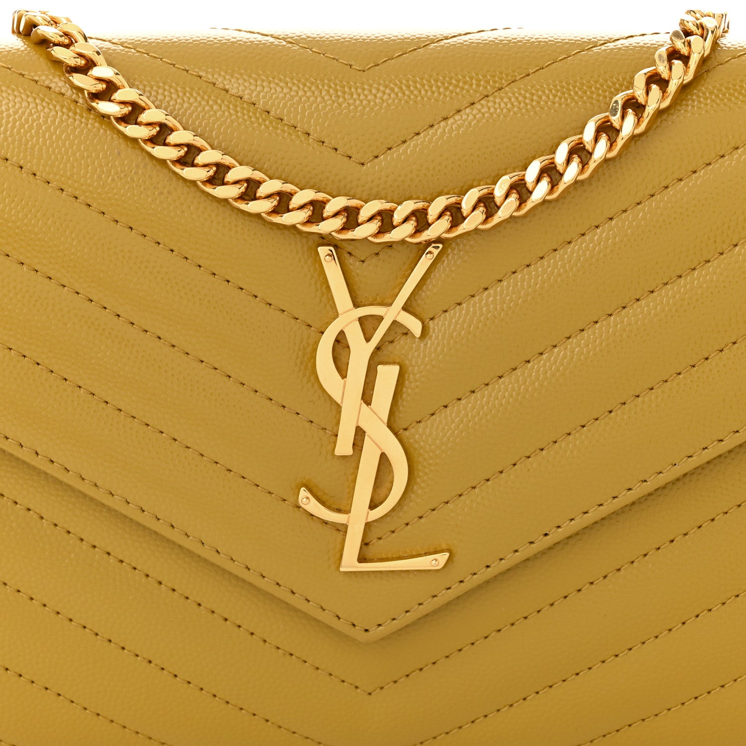 Saint Laurent Grain De Poudre Matelasse Chevron Monogram Chain Wallet Light Chartreuse 8 of 10