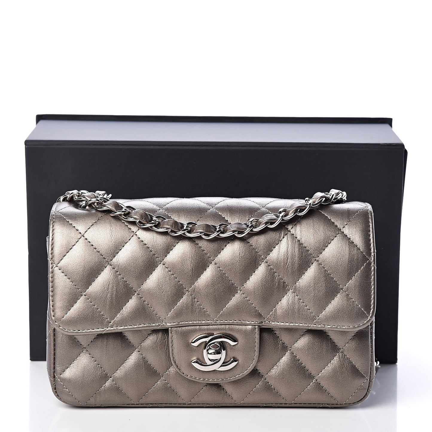 Iridescent Calfskin Quilted Mini Rectangular Flap Dark Silver