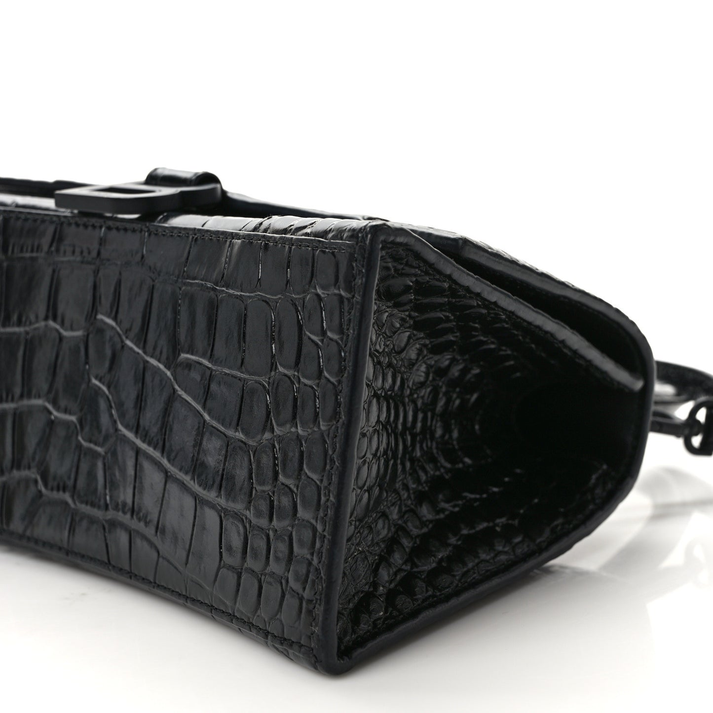 Shiny Calfskin Monochrome Crocodile Embossed Small Hourglass Top Handle Bag Black