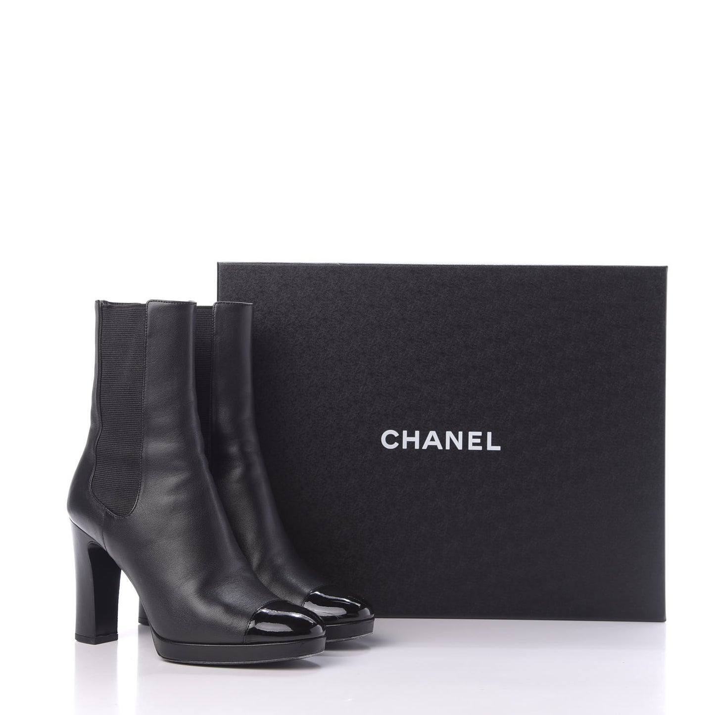 Lambskin Patent Cap Toe Pearl CC Ankle Boots 38 Black