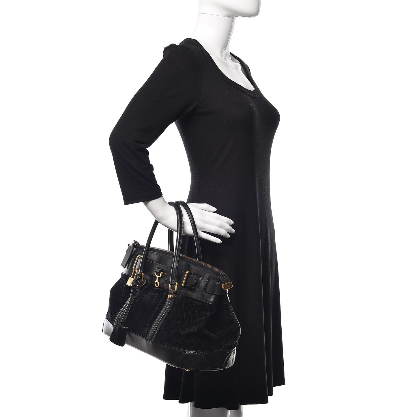 Diamante Velvet Calfskin Web Secret Top Handle Satchel Black