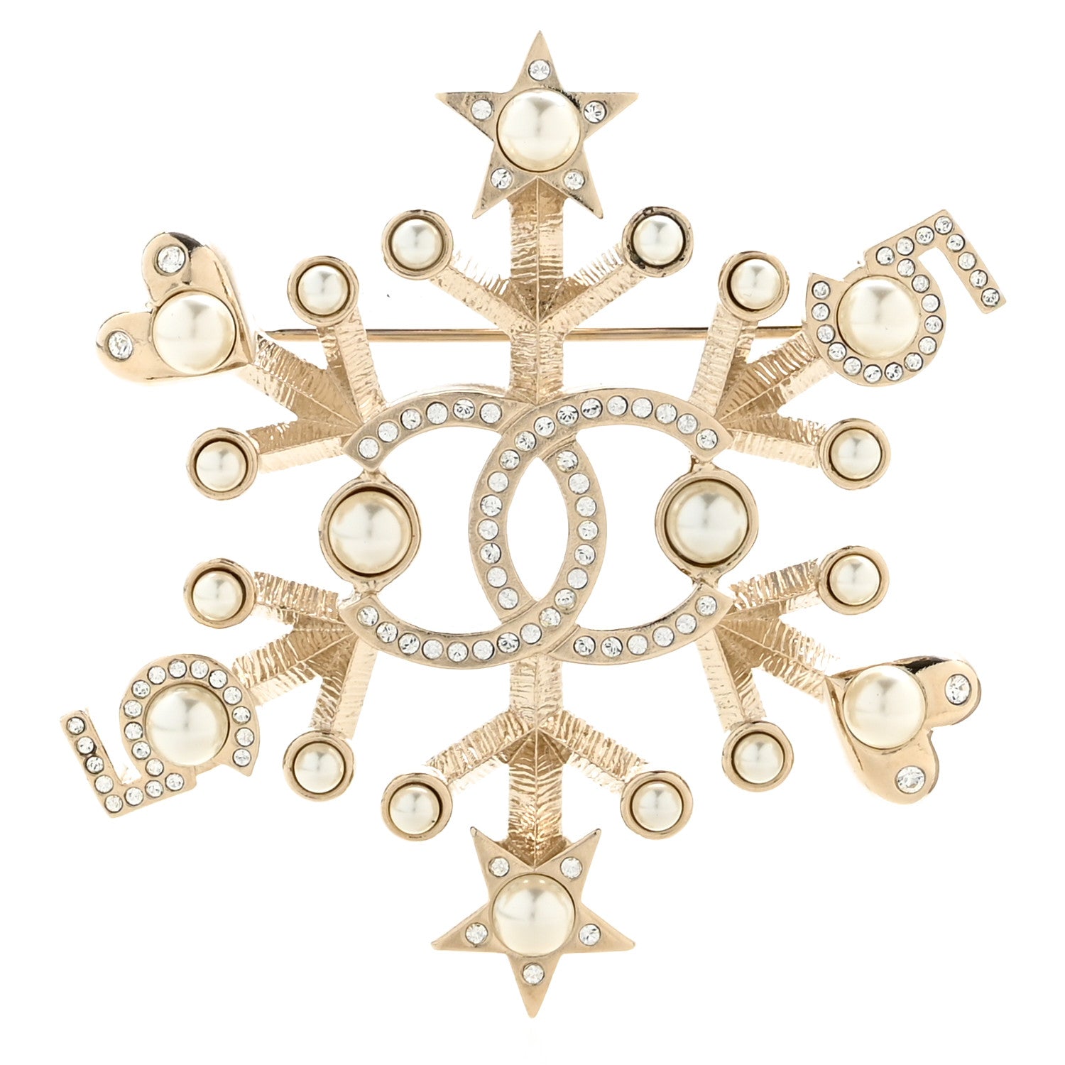 Chanel Crystal Pearl Hearts CC Brooch Gold 1 of 4