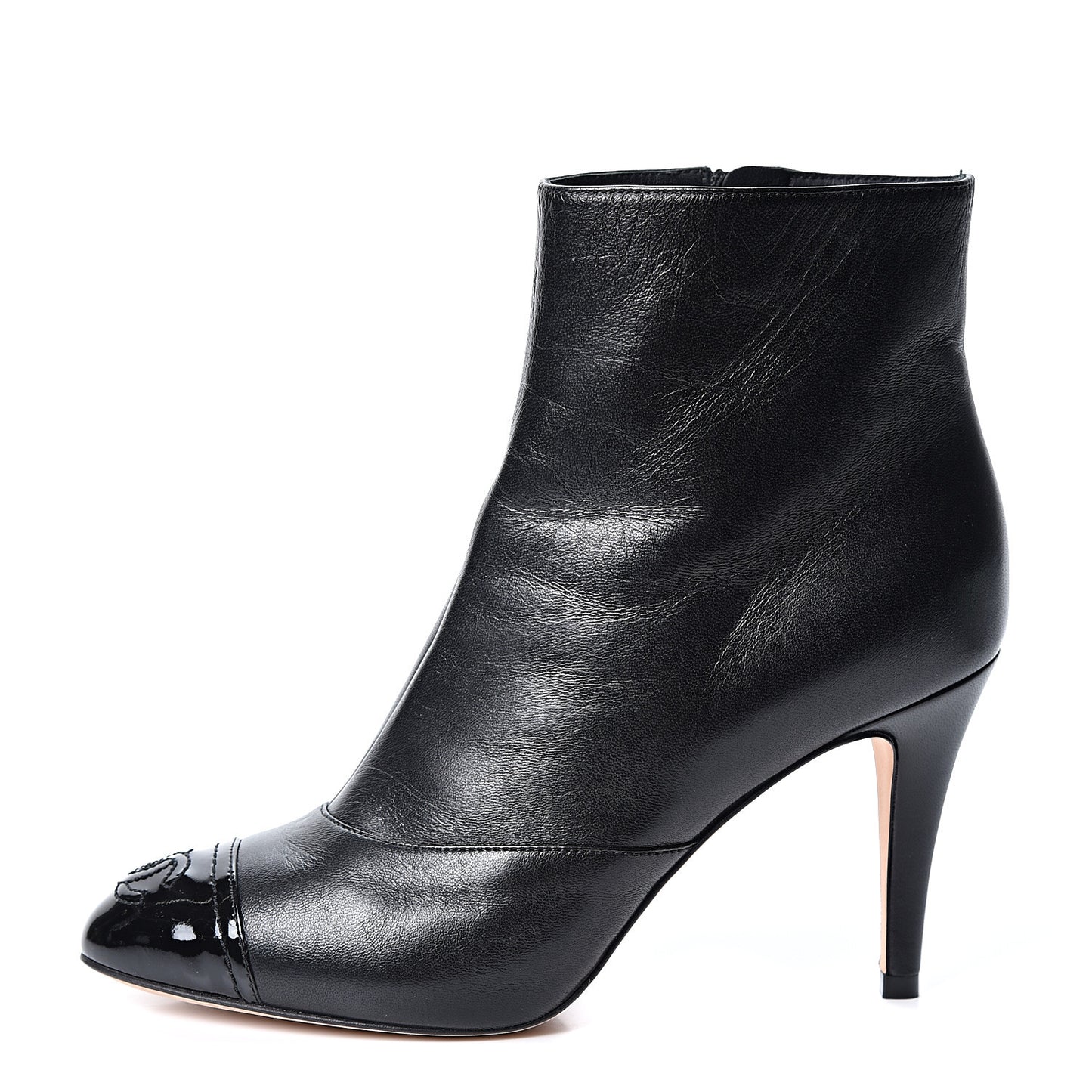 Lambskin Patent Cap Toe Short Ankle Boots 35.5 Black