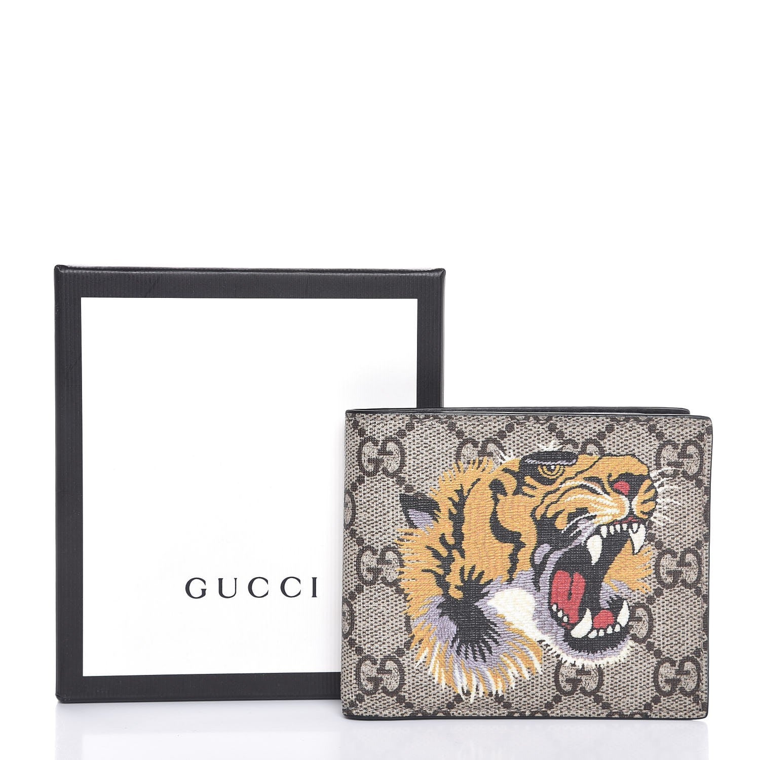 Gucci GG Supreme Monogram Selleria Calfskin Tiger Nice Bi-Fold Wallet Beige Ebony Multicolor Black 8 of 8