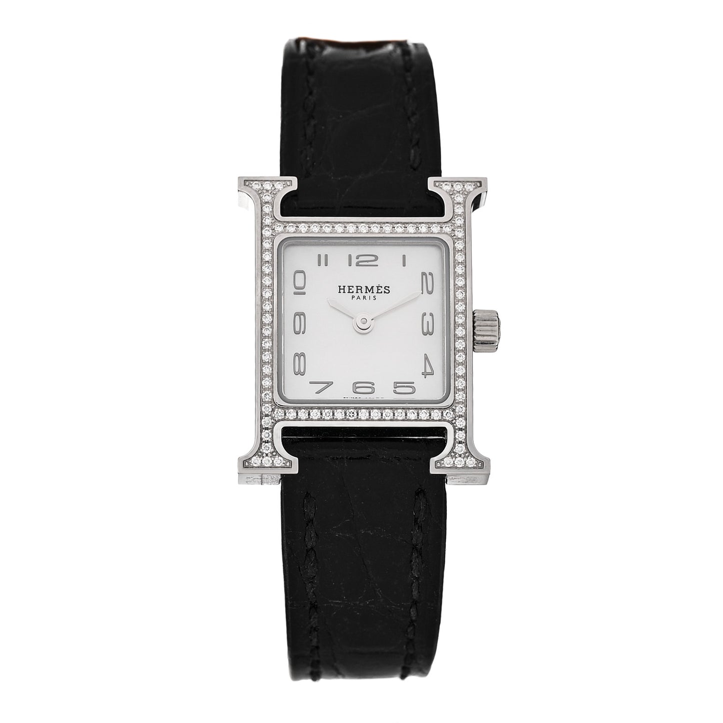 Stainless Steel Alligator Diamond Bezel Mother of Pearl 17.2mm Heure H Hour Quartz Watch Noir
