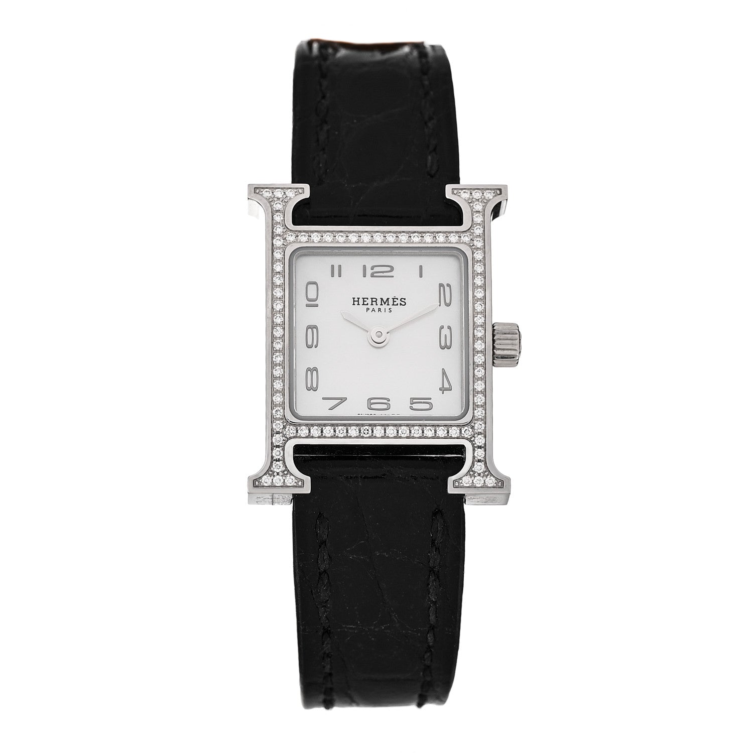 Hermes Stainless Steel Alligator Diamond Bezel Mother of Pearl 17.2mm Heure H Hour Quartz Watch Noir 1 of 5