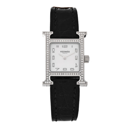 Hermes Stainless Steel Alligator Diamond Bezel Mother of Pearl 17.2mm Heure H Hour Quartz Watch Noir 1 of 5