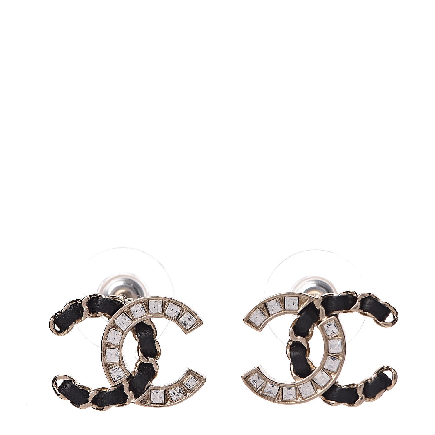 Chanel Crystal Baguette Lambskin Chain CC Vintage Allure Stud Earrings Black Gold 1 of 5