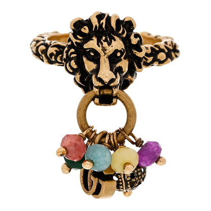 Gucci Metal Glass Bead Lion Head GG Ring M Aged Gold Multicolor 1 of 7