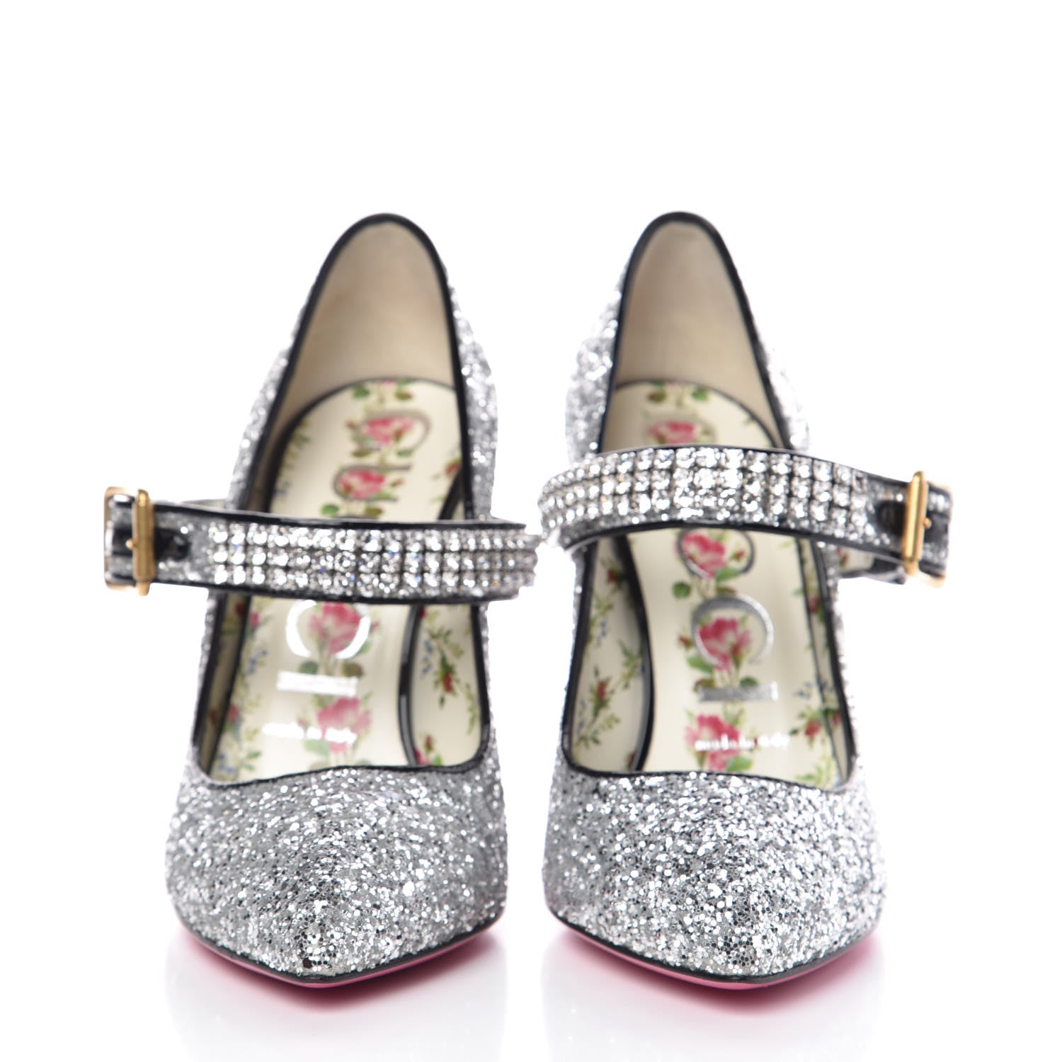 Gucci Calfskin Glitter Slyvie Mary Jane Pumps 37.5 Argento 2 of 8