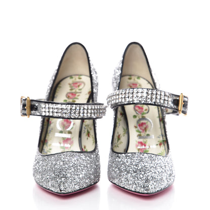 Gucci Calfskin Glitter Slyvie Mary Jane Pumps 37.5 Argento 2 of 8