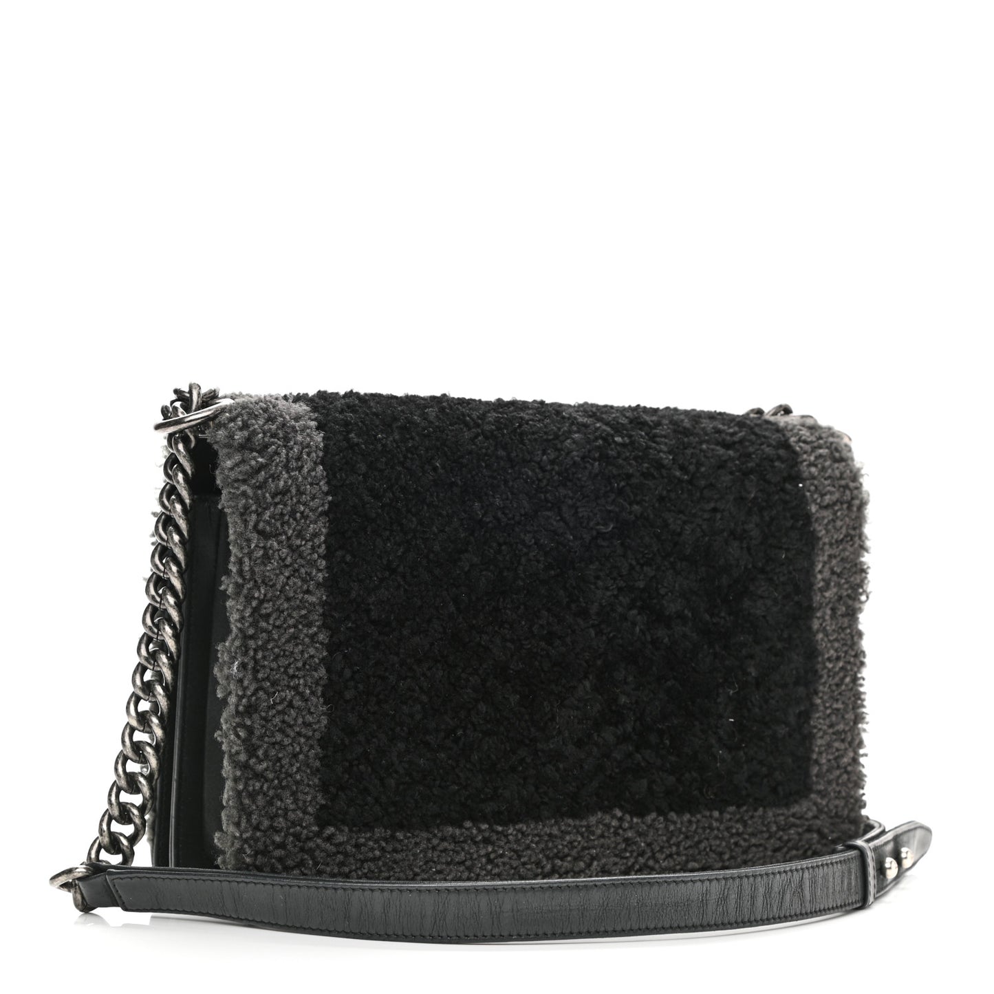 Shearling Iridescent Calfskin Medium Boy Flap Black Grey