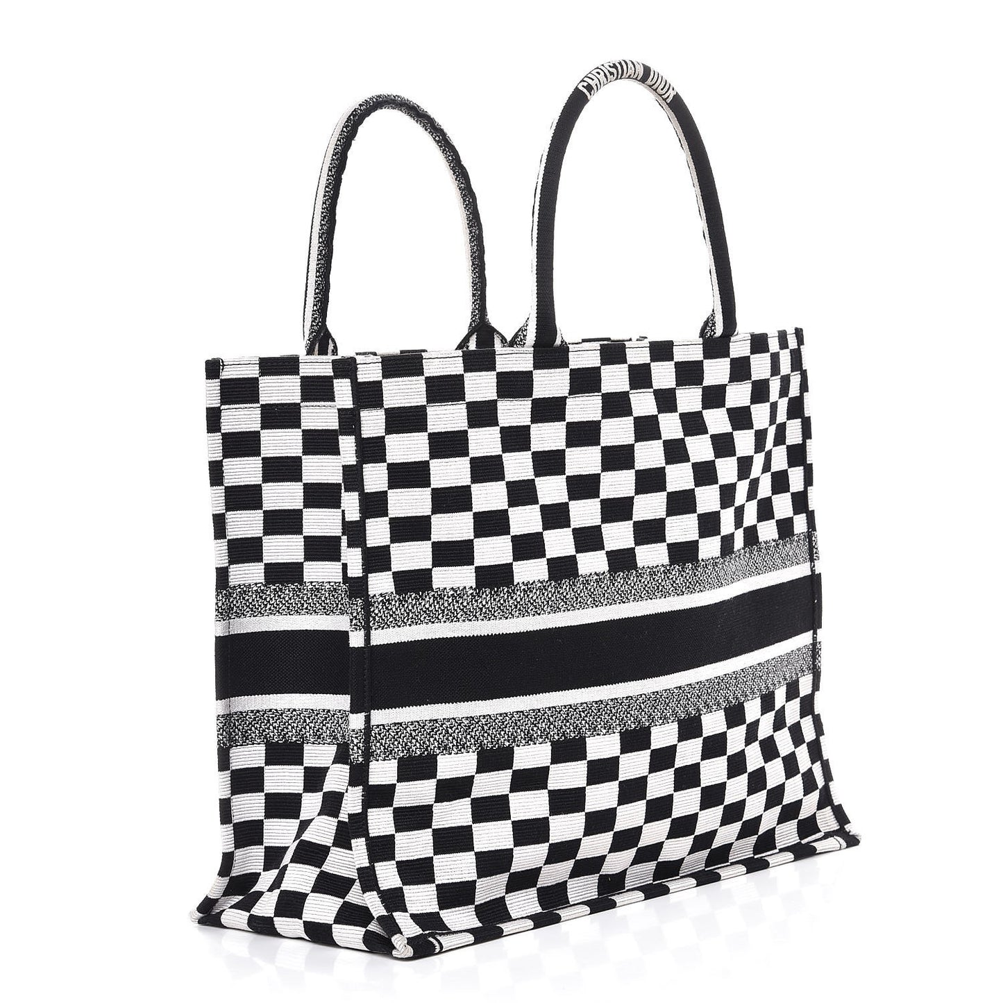 Canvas Embroidered Checkered Book Tote Black White