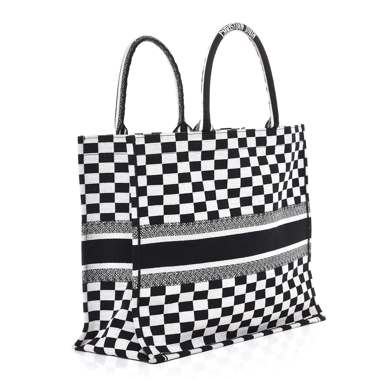 Christian Dior Canvas Embroidered Checkered Book Tote Black White 3 of 10
