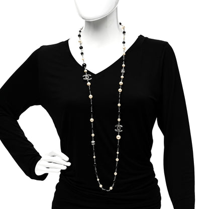 Chanel Pearl Crystal Bead CC Long Necklace Silver Black 2 of 6