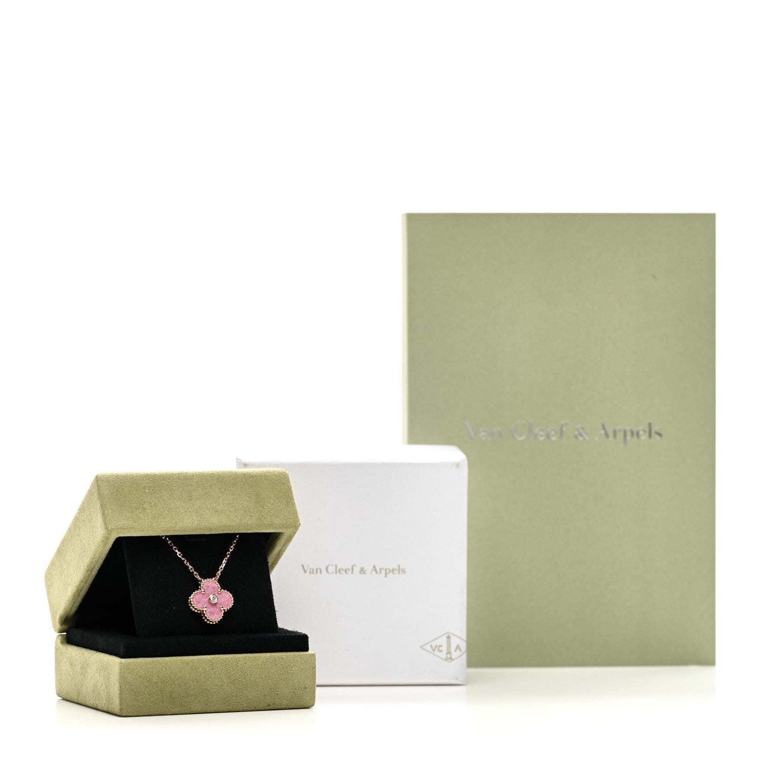 Van Cleef & Arpels 18K Rose Gold Diamond Rhodonite Vintage Alhambra Pendant Necklace 6 of 6
