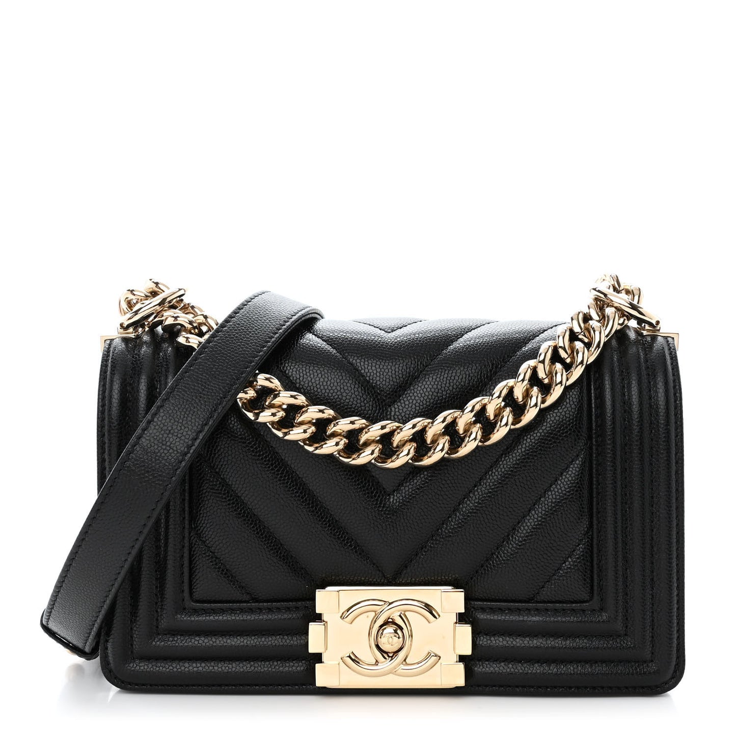 Caviar Chevron Quilted Small Boy Flap Black