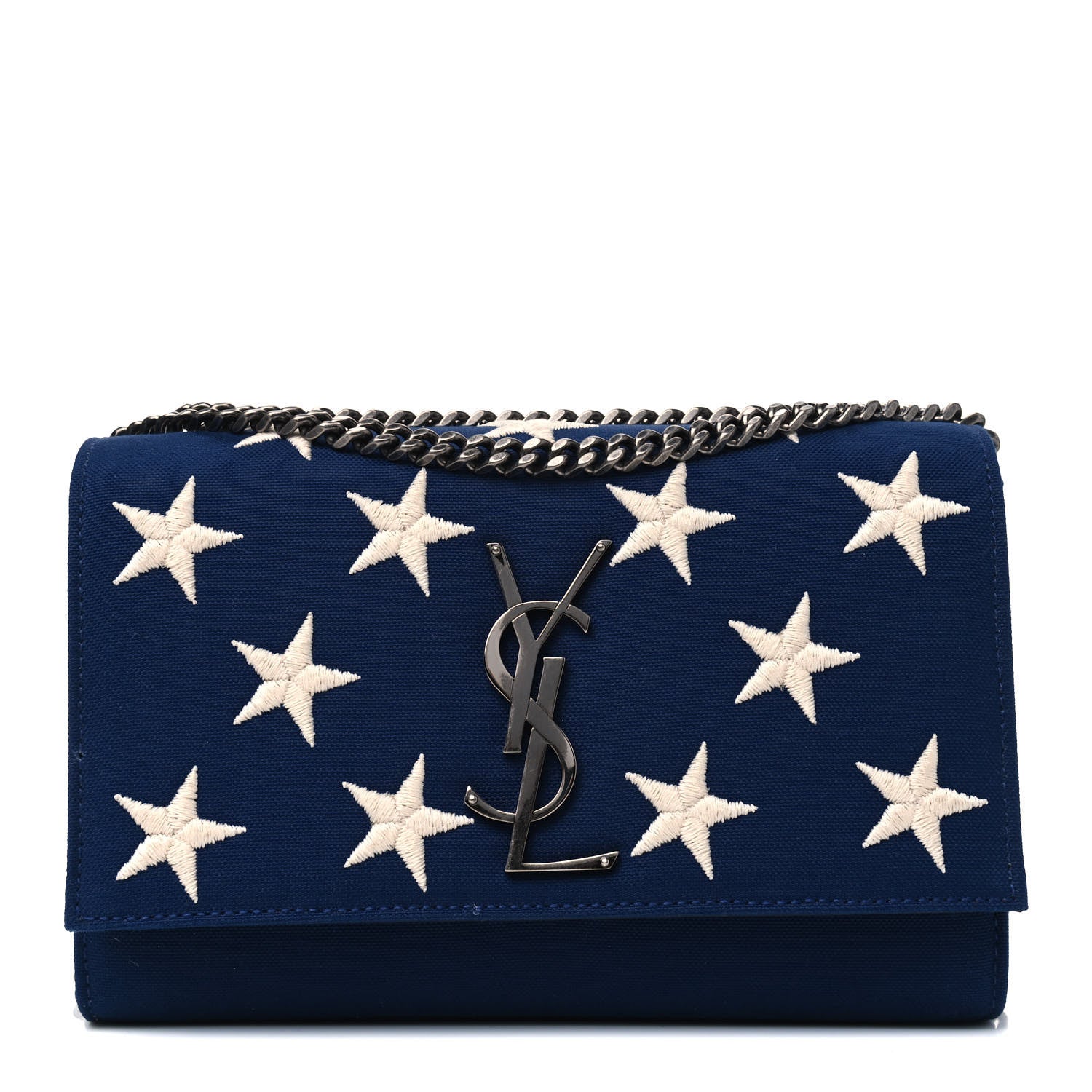 Saint Laurent Canvas Embroidered Stars Small Monogram Kate Satchel Blue Bianco 1 of 5