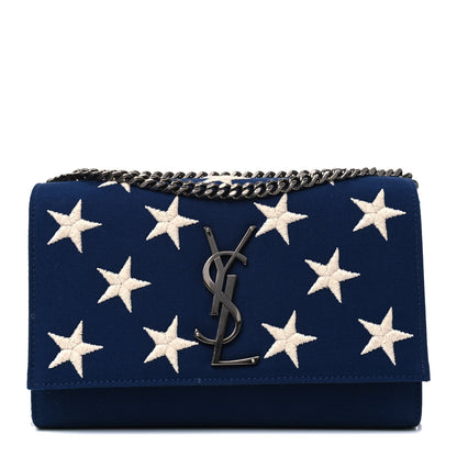 Saint Laurent Canvas Embroidered Stars Small Monogram Kate Satchel Blue Bianco 1 of 5