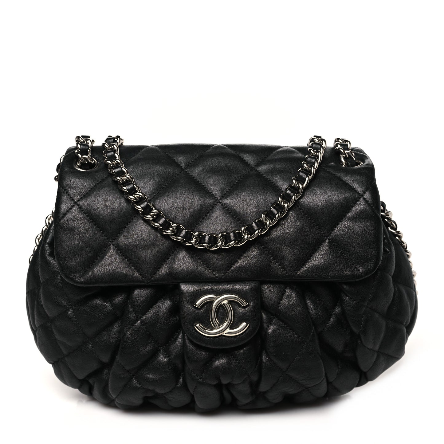 Washed Lambskin Quilted Large Chain Around Flap Black