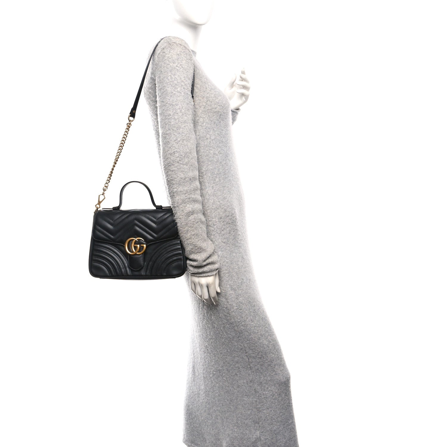 Gucci Calfskin Matelasse Small GG Marmont Top Handle Shoulder Bag Black 2 of 11