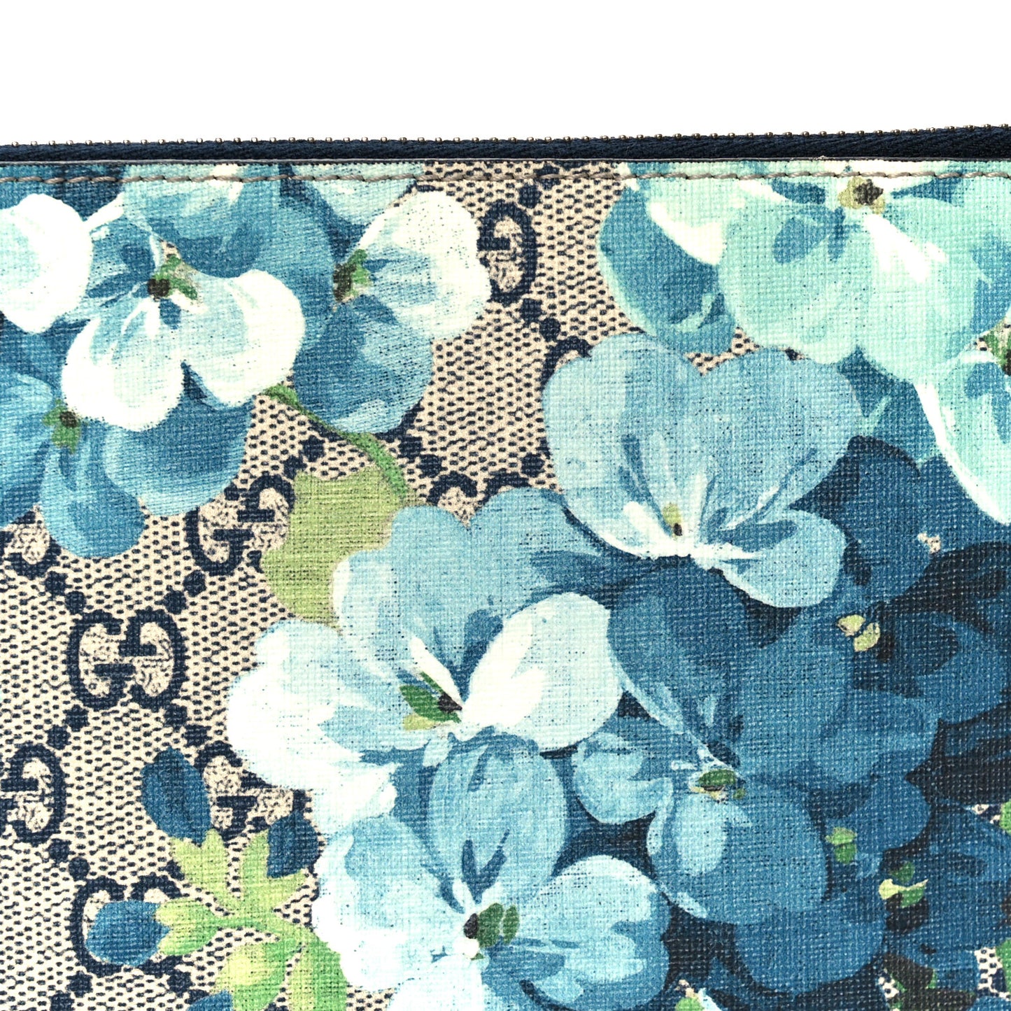 GG Supreme Monogram Blooms Small Zip Wristlet Pouch Beige Blue Black