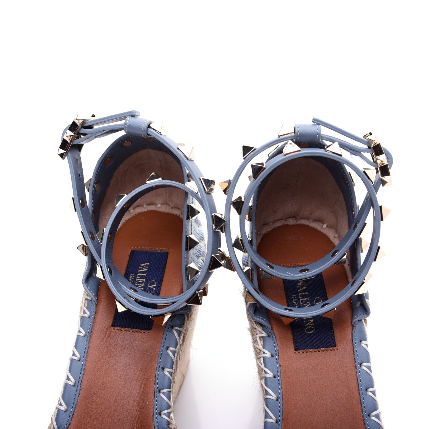 Valentino Garavani Denim Butterfly Embroidered Rockstud Ankle Wrap Espadrille 15/85mm Wedges 36 Light Denim 17 of 18