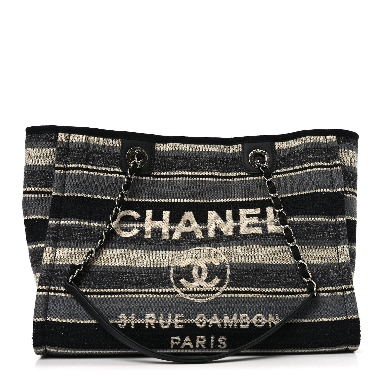 Chanel Striped Canvas Small Deauville Tote Dark Grey 1 of 11
