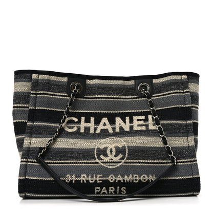 Chanel Striped Canvas Small Deauville Tote Dark Grey 1 of 11