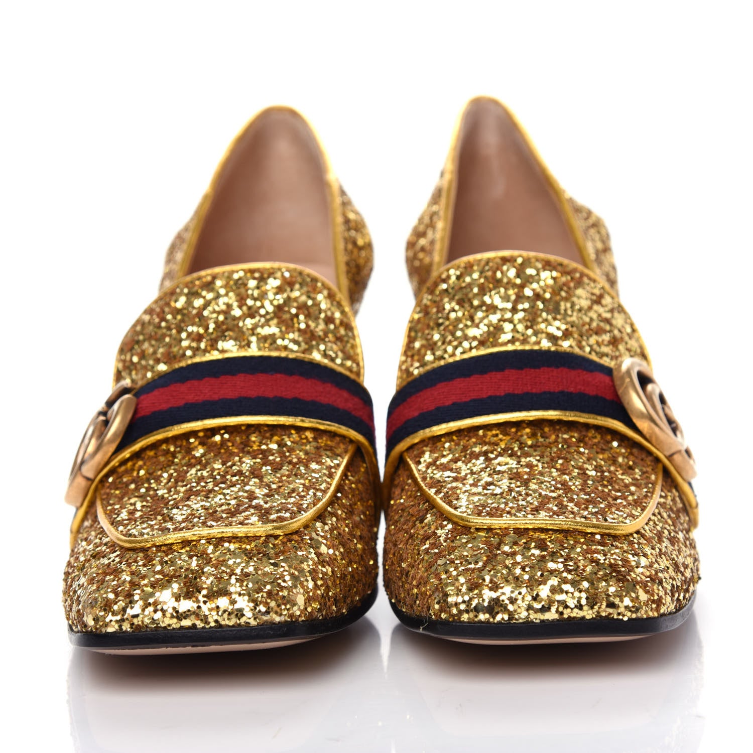 Gucci Glitter Nappa Web Peyton 75mm Loafer Pumps 39 Oro Vecchio 2 of 11
