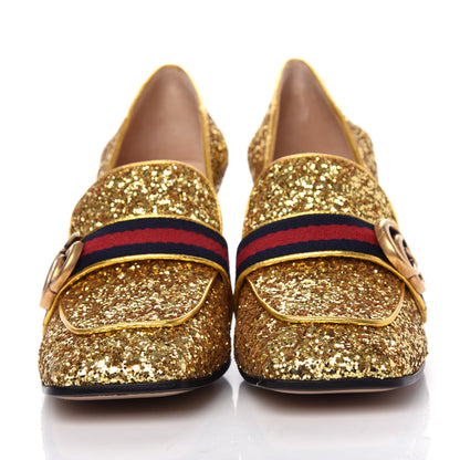Gucci Glitter Nappa Web Peyton 75mm Loafer Pumps 39 Oro Vecchio 2 of 11