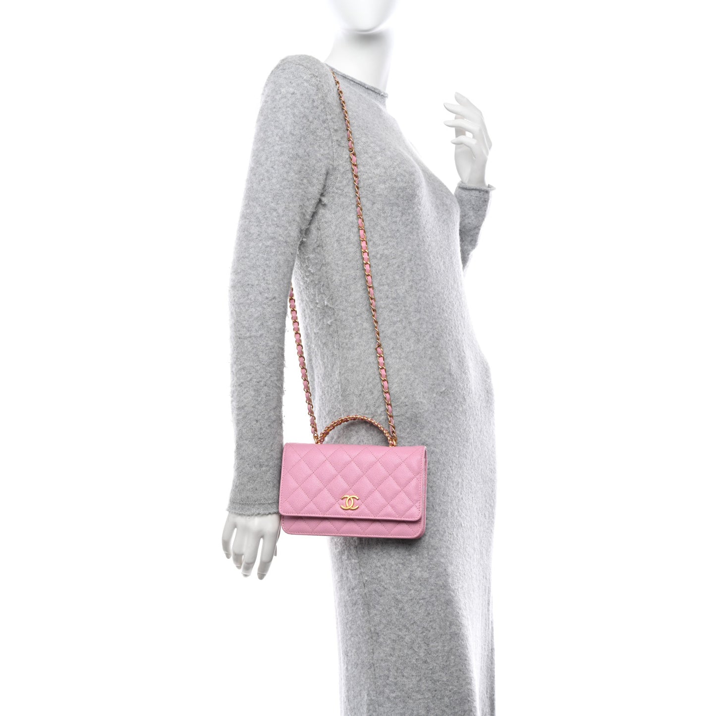 Shiny Caviar Quilted Pick Me Up Wallet On Chain WOC Pink