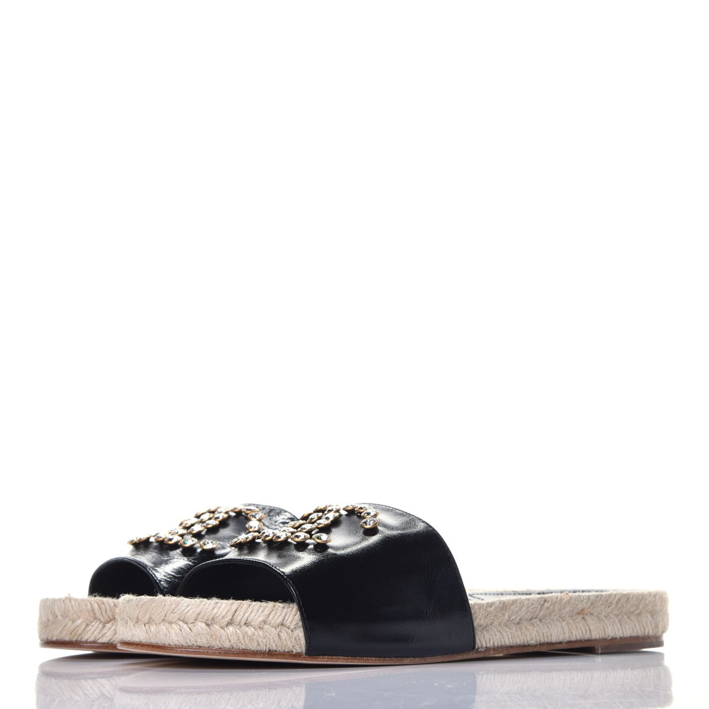 Patent Calfskin Crystal CC Espadrille Slip On Sandals 39 Black