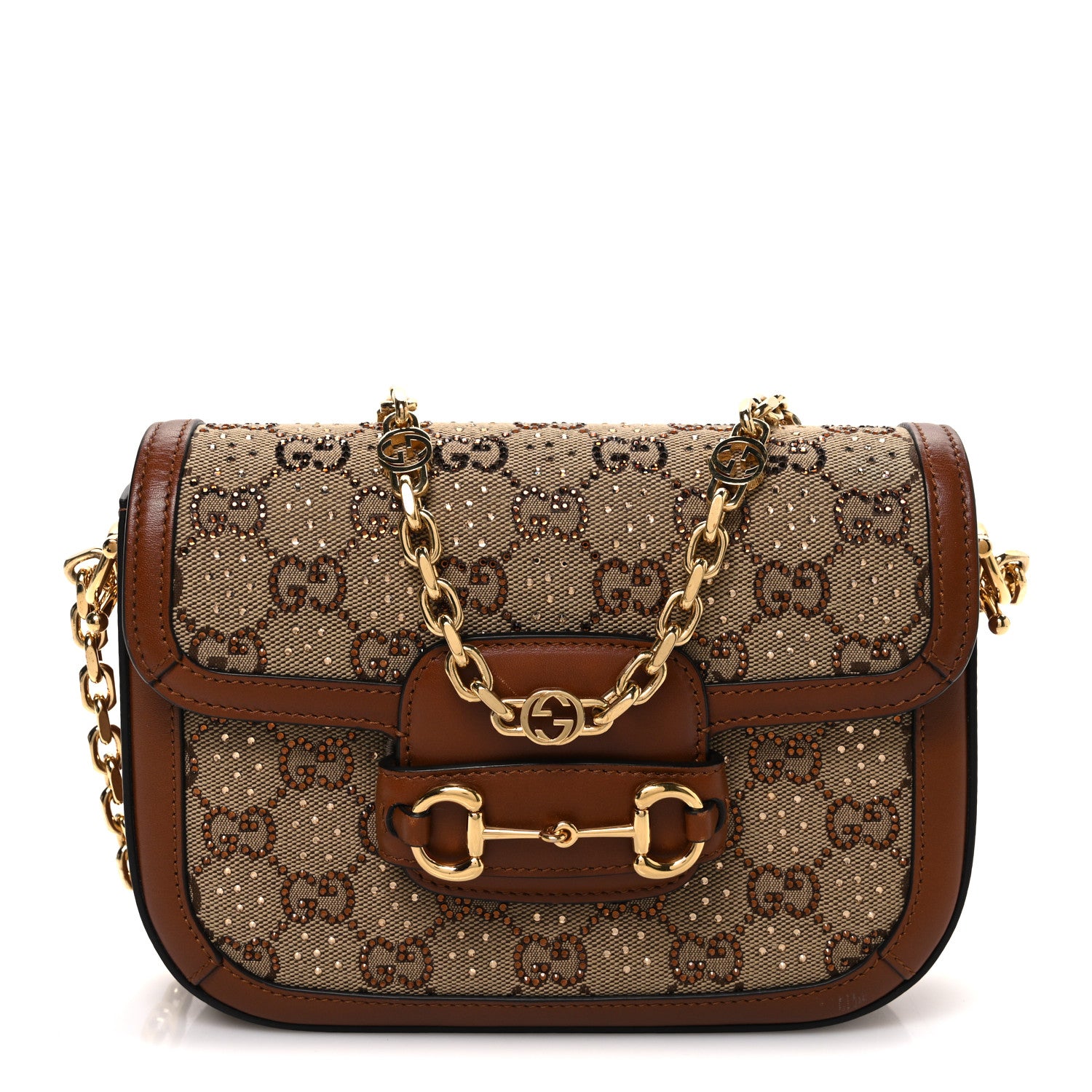 Gucci New Canvas Charisma Calfskin Crystal GG Monogram Mini Horsebit 1955 Shoulder Bag Camel Ebony 1 of 11
