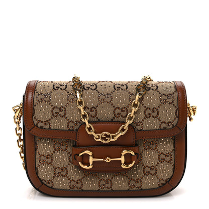 Gucci New Canvas Charisma Calfskin Crystal GG Monogram Mini Horsebit 1955 Shoulder Bag Camel Ebony 1 of 11