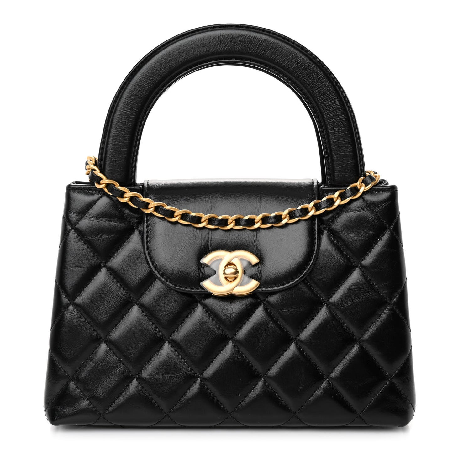 Shiny Aged Calfskin Quilted Nano Kelly Shopper Black