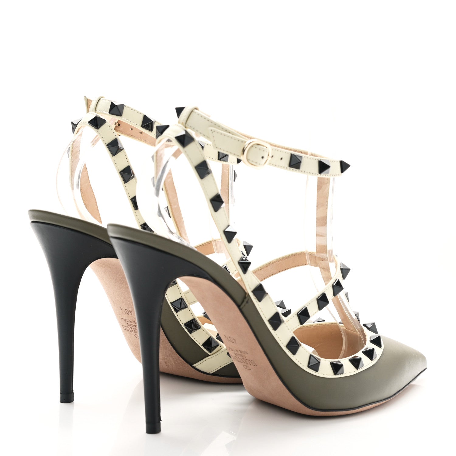 Valentino Garavani Nappa Rockstud Ankle Strap 100mm Pumps 40.5 Army Green Light Ivory 4 of 9