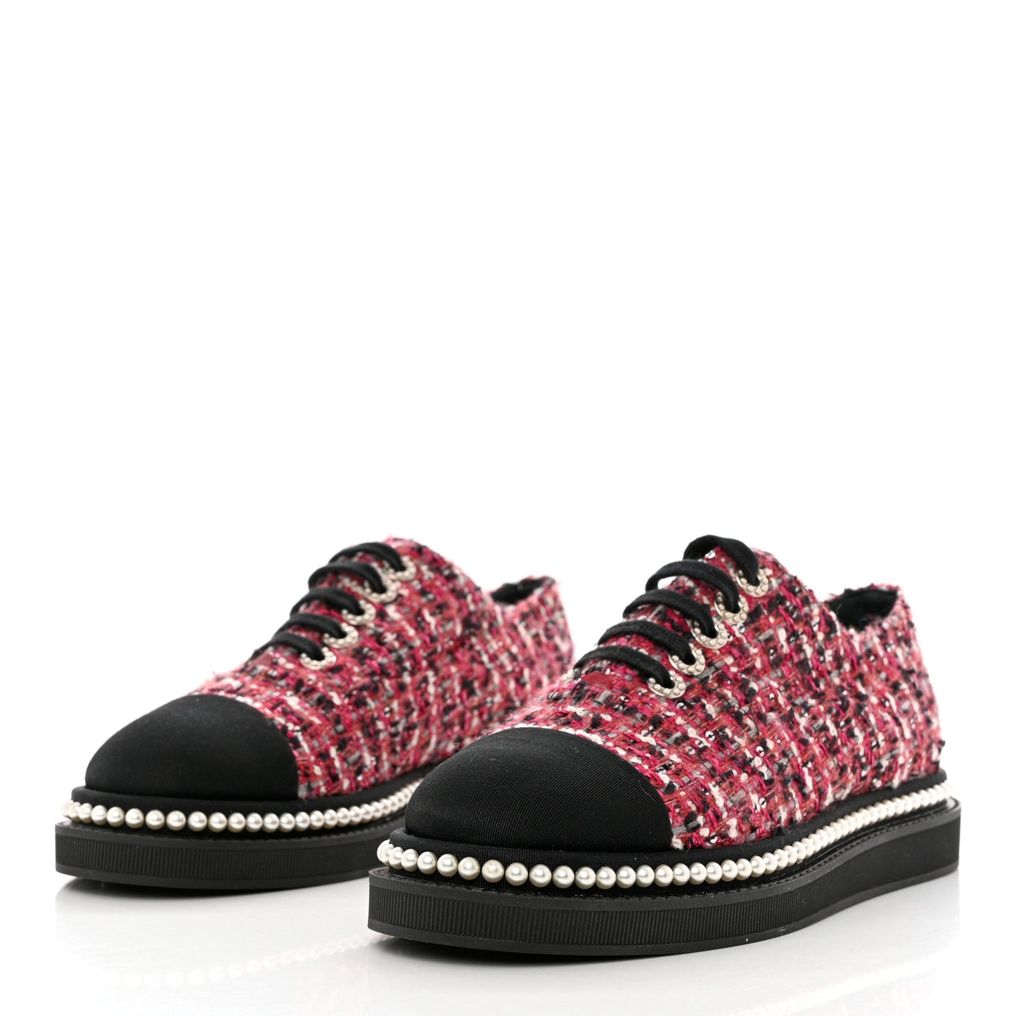 Tweed Grosgrain Sequin Pearl Lace Up Sneakers 37 Black Pink