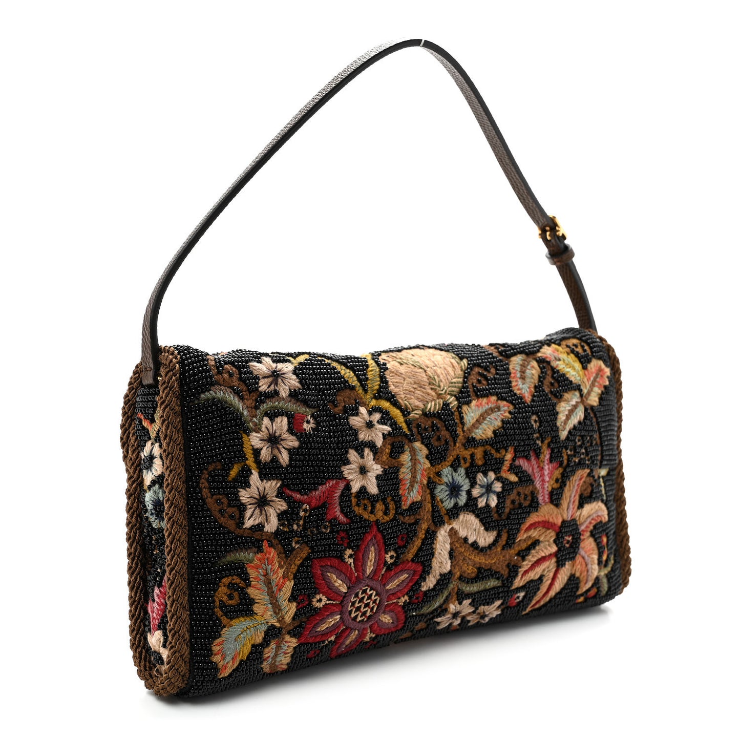 Floral Embroidered Beaded Small DeVain Shoulder Bag Black Multicolor