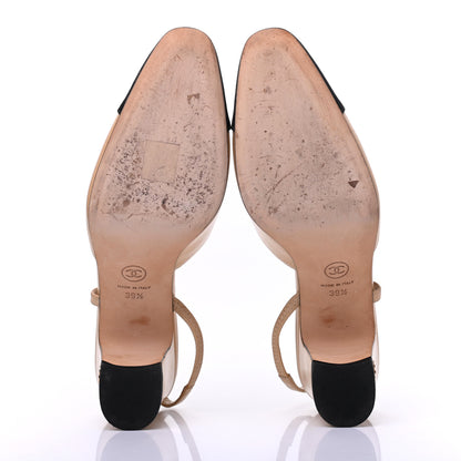 Chanel Goatskin Grosgrain Cap Toe CC Slingback Pumps 39.5 Beige Black 5 of 14
